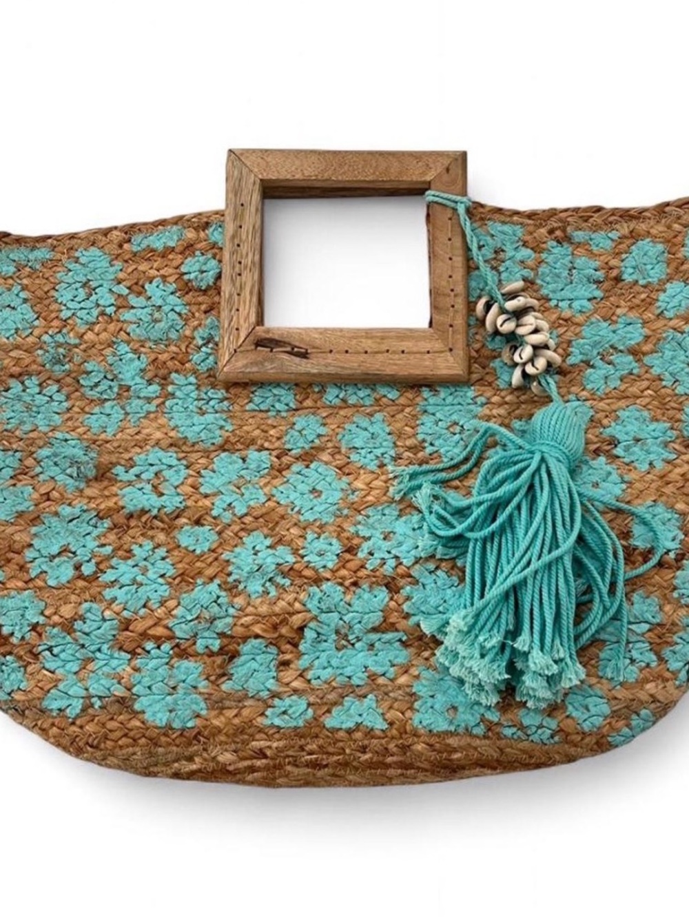 Boho Coastal Straw Beach Bag Teal Floral Print Tassel Shell Handle Bag